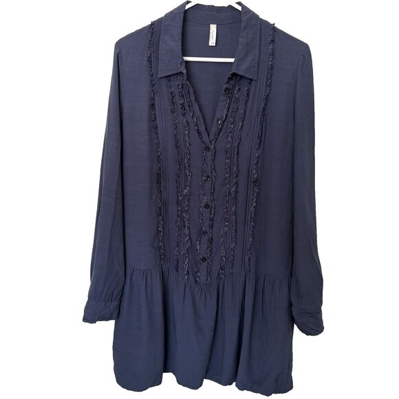 Free People Drop Waist Shirt Dress Navy M Boho Chic Whimsigoth Cottagecore Y2K - Picture 1 of 7